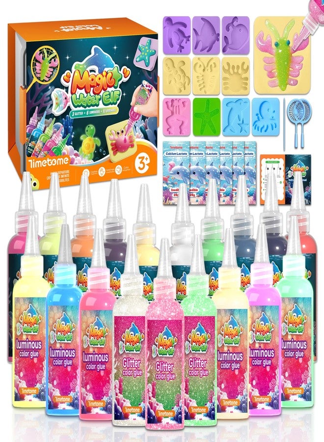 Timetome Magic Water Elf Toy Kit for Kids - 20 Gels (11 Standard + 6 Glitter + 3 Glow) & 10 Molds, DIY Squishy Maker, Aqua Fairy Gel Toys, Night Glow & Glitter, Birthday Gifts for Boys & Girls 3+ - Image 1